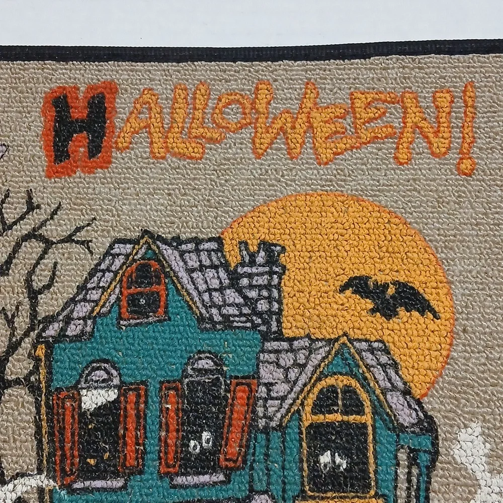 Happy Halloween Vintage Kitsch Cute Door Mat Haunted House Ghosts Bat 24 x 18